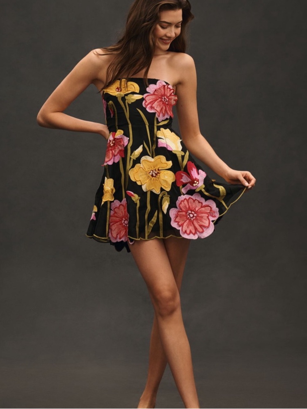 Anthropologie Black Strapless Dress with Yellow & Pink Floral Embroidery - Picture 3 of 7